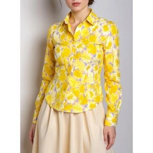 ROUJE PARIS Palmyra Long Sleeve Shirt, Yellow Watercolor Peony Print, FR44/US12